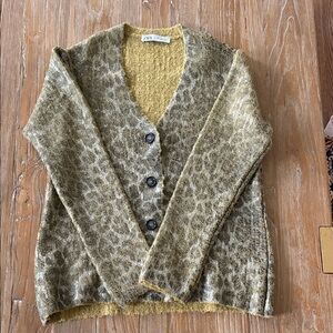 Zara Mustard Olive Leopard-Pattern V-Neck Button Cardigan